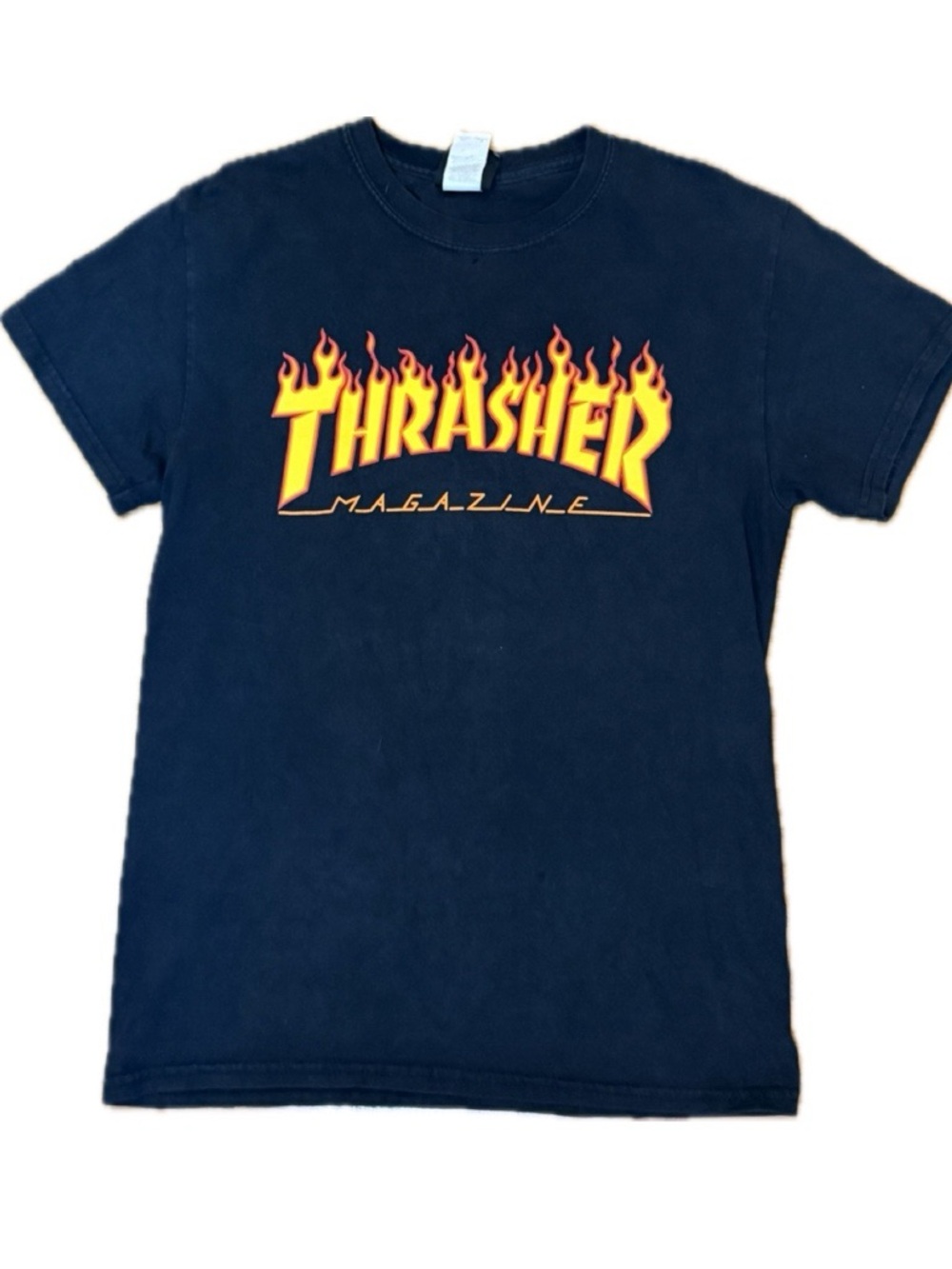 Vintage THRASHER Skater Tee with Yellow and Orange Flame Logo Y2K sz Small